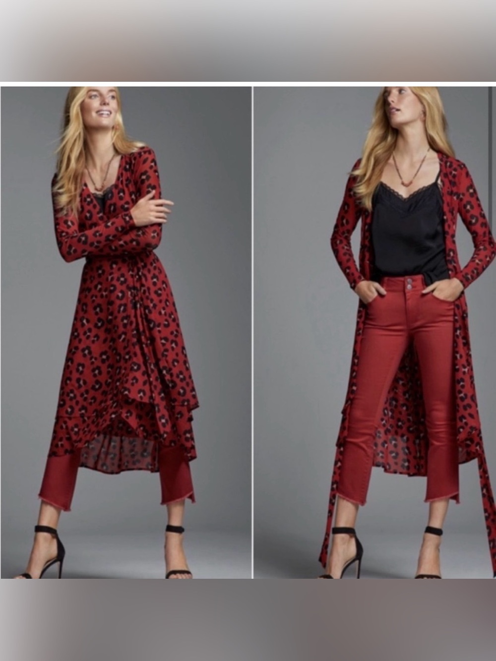 CAbi Red and Black Leopard-Print Long Sleeve Wrap Dress